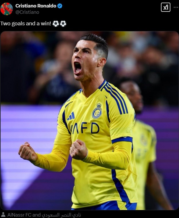 C罗社媒发文庆祝:两个进球和一场胜利⚽️⚽️